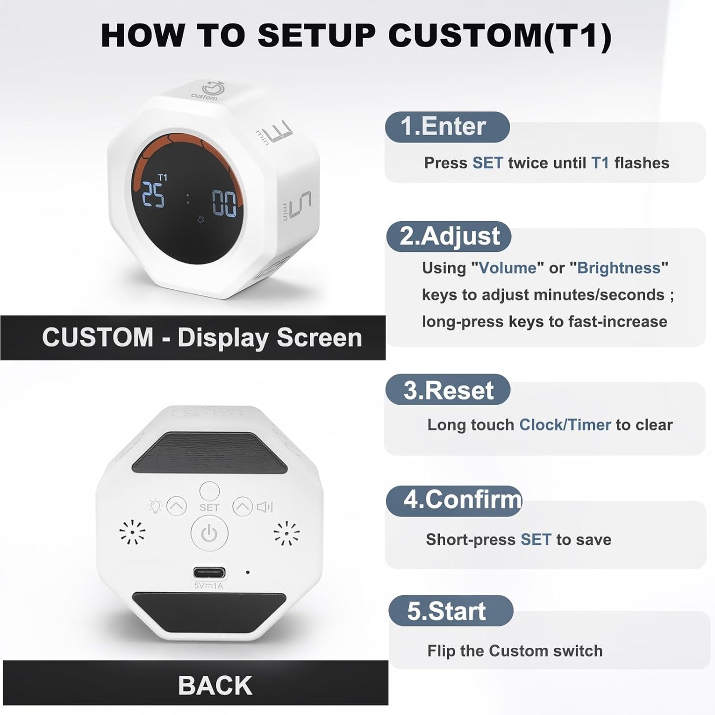 Small Productivity Timer - Pomodoro Timer with 3/5/10/25/60 Min Presets & Custom Countdown | Magnetic Rechargeable Digital Clock for Desk, Study and Games (White)