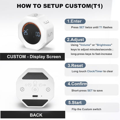 Small Productivity Timer - Pomodoro Timer with 3/5/10/25/60 Min Presets & Custom Countdown | Magnetic Rechargeable Digital Clock for Desk, Study and Games (White)