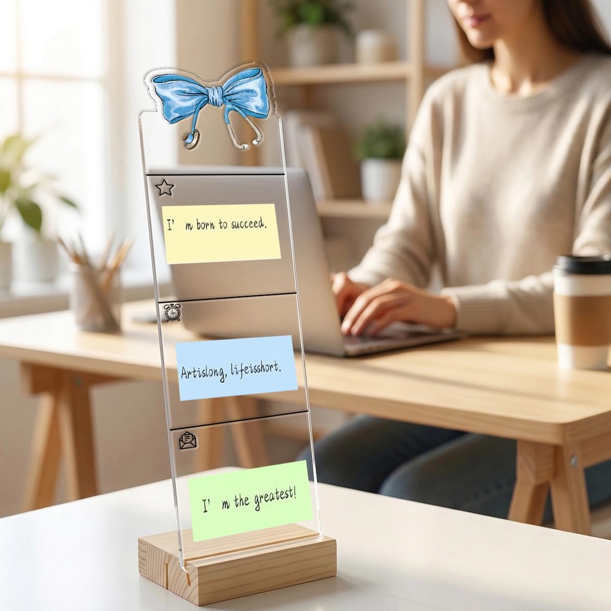 Monitor Memo Board Computer Monitor Memo Board Sticky Note Organizer Kidney Acrylic Desk Accessories Removable Wooden Base Set Sticky Notes 100 Sheets 11.8×3.1 inches