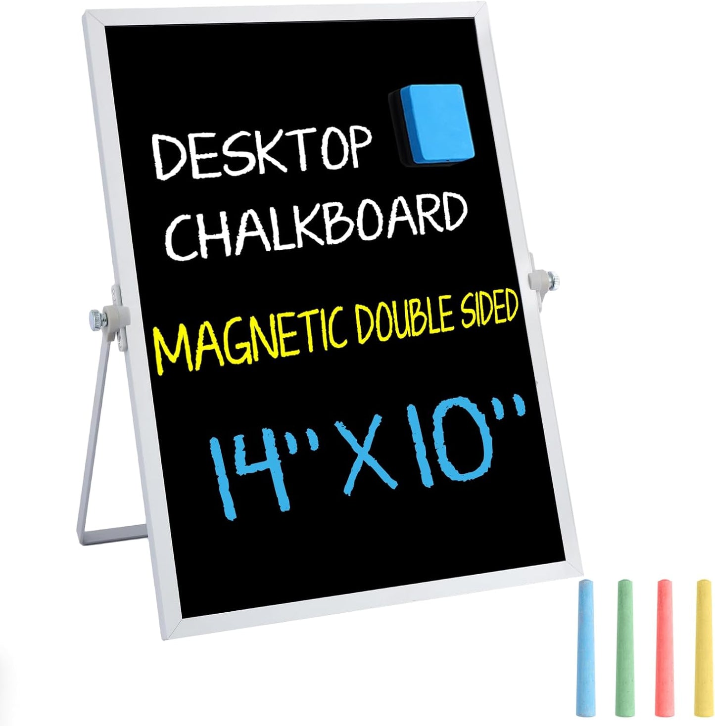 Small Magnetic Chalk Board Easel 10"X10", Double-Sided Tabletop & Wall Hanging Chalkboard with 4 Chalks & Eraser, Desktop Mini Black Board Sign for Office Desk Home Menu and School