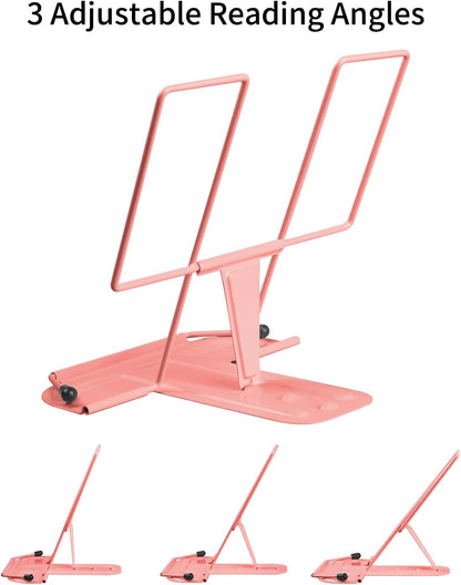 Metal Book Stand for Desk, Adjustable Reading Rest Book Holder, Portable Cookbook Documents Holder, Sturdy Typing Stand for Recipes Textbooks Tablet Music Books with Page Clips (Green)