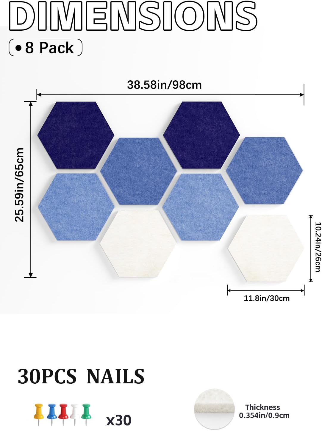 8 Pack Hexagon Felt Bulletin Board Tiles - 12" Large Thick Pin Board for Walls with 30 Push Pins, DIY Boards for Office Home School Decor, Aesthetic Hex Cork Board Alternative