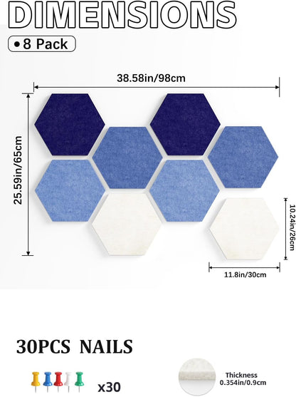 8 Pack Hexagon Felt Bulletin Board Tiles - 12" Large Thick Pin Board for Walls with 30 Push Pins, DIY Boards for Office Home School Decor, Aesthetic Hex Cork Board Alternative