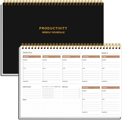 Weekly Productivity Planner - 8" x 11" Dashboard Desk Pad/Planner, Habit Tracker, Spiral Undated Weekly Planner for Office/School/Home, 54 Weeks, Black