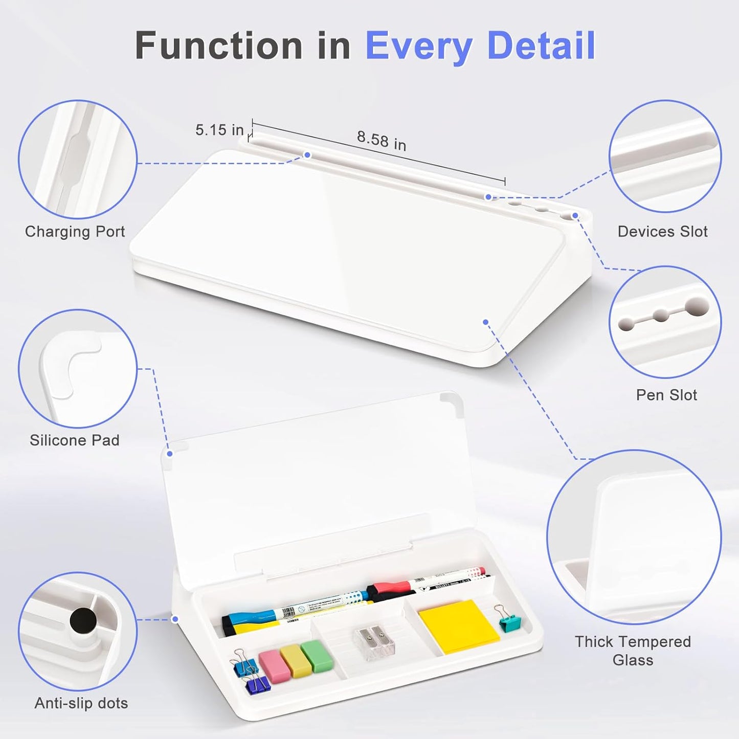 WALGLASS Small Desktop Whiteboard with Storage, Glass Desk Dry Erase White Board Computer Keyboard Stand with Drawer, Desk Organizers with Accessories for Office, Home, School Supplies White