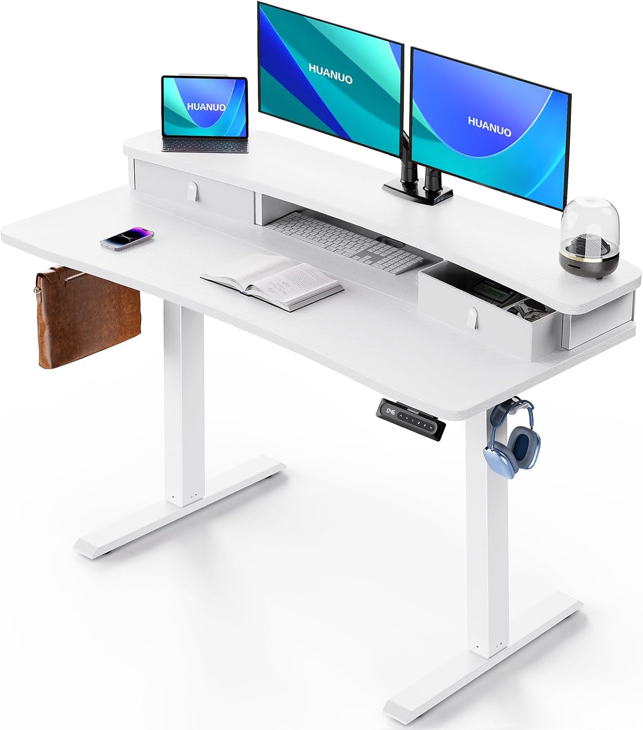 HUANUO 48″ x 24″ Electric Standing Desk with 2 Drawers, C-Clamp Mount Compatible, Height Adjustable Computer Desk, Home Office Stand Up Desk with 4 Preset Heights & 2 Hooks, Black