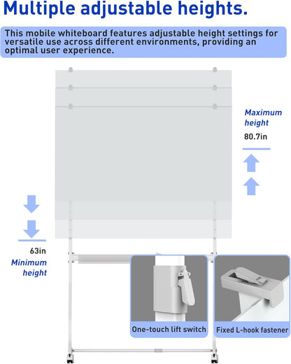 40 x 28 inch Mobile Magnetic Glass Whiteboard, Double-Sided Board with Felt Back and Storage for Office & Classroom, White