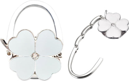 Purse Hook for Table, Clover Design Foldable Purse Holder for Table, Portable Bag Holder - Folding Handbag Hanger | Hangs Almost Anywhere(White)