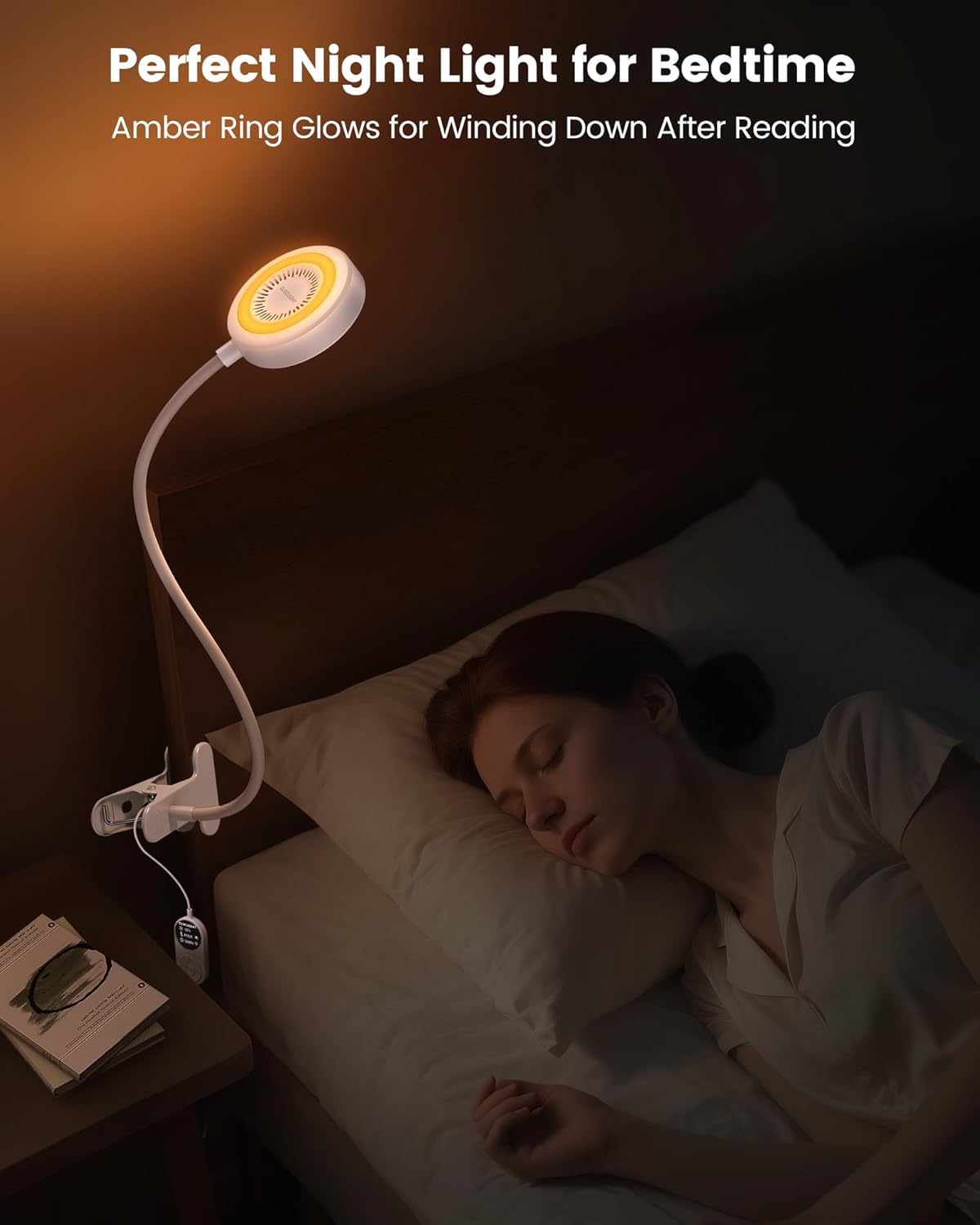 Glocusent 72 LED Clip on Lamp with Remote, Reading Light with Amber Ring, 3 Colors & 5 Dimmable Bed Lamp, 30/60-Min Auto Off Timer, Clamp Light for Headboard/Dorm/Bunk (Black)