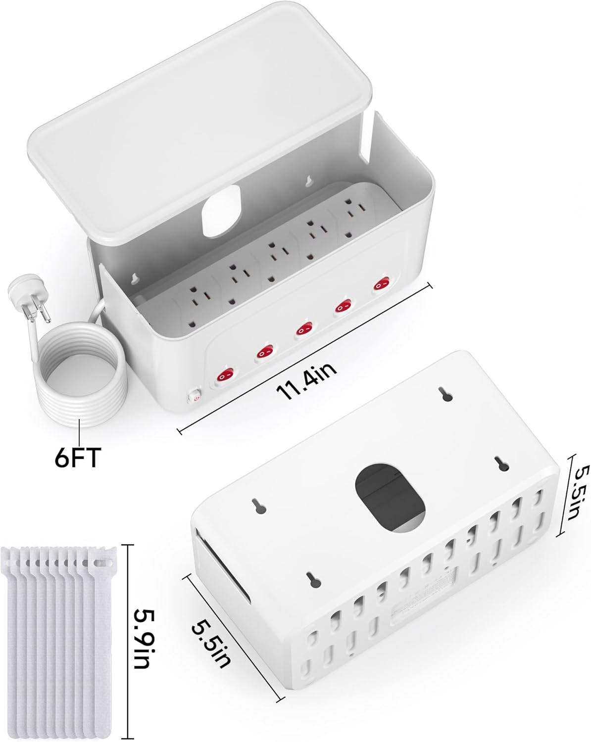 Power Strip with Cable Management Box,Surge Protector 10 AC and 3 USB Ports,6 ft Flat Plug Extension Cord,Outlet Hider Fast Charging Station,Desk Cord Organizer Box and Cover,Hidden Long Wire,Black