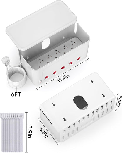 Power Strip with Cable Management Box,Surge Protector 10 AC and 3 USB Ports,6 ft Flat Plug Extension Cord,Outlet Hider Fast Charging Station,Desk Cord Organizer Box and Cover,Hidden Long Wire,Black