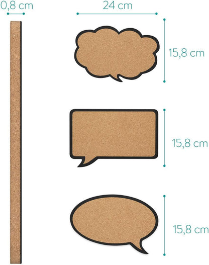 Navaris Cork Bulletin Board Set - 3X Pieces Cork Boards in Cute Decorative Speech and Thought Bubble Shapes with Push Pins for Kitchen, Home, Office