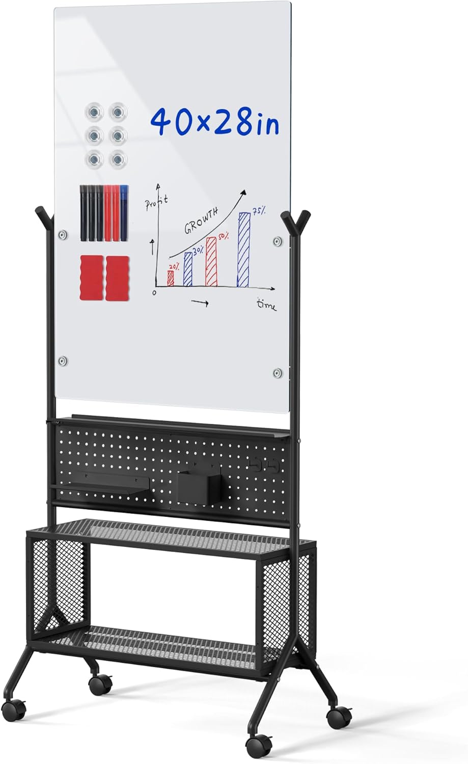 40 x 28 inch Mobile Magnetic Glass Whiteboard, Double-Sided Board with Felt Back and Storage for Office & Classroom, White
