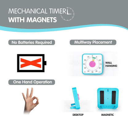 Visual Timer 7.5 inch; 60 Minute 1 Hour Countdown Timer for Kids Classroom Teaching Tool Home Office Meeting, Mechanical Countdown Clock for Exam Time Management Magnetic, Sky Blue with Colorful Disc