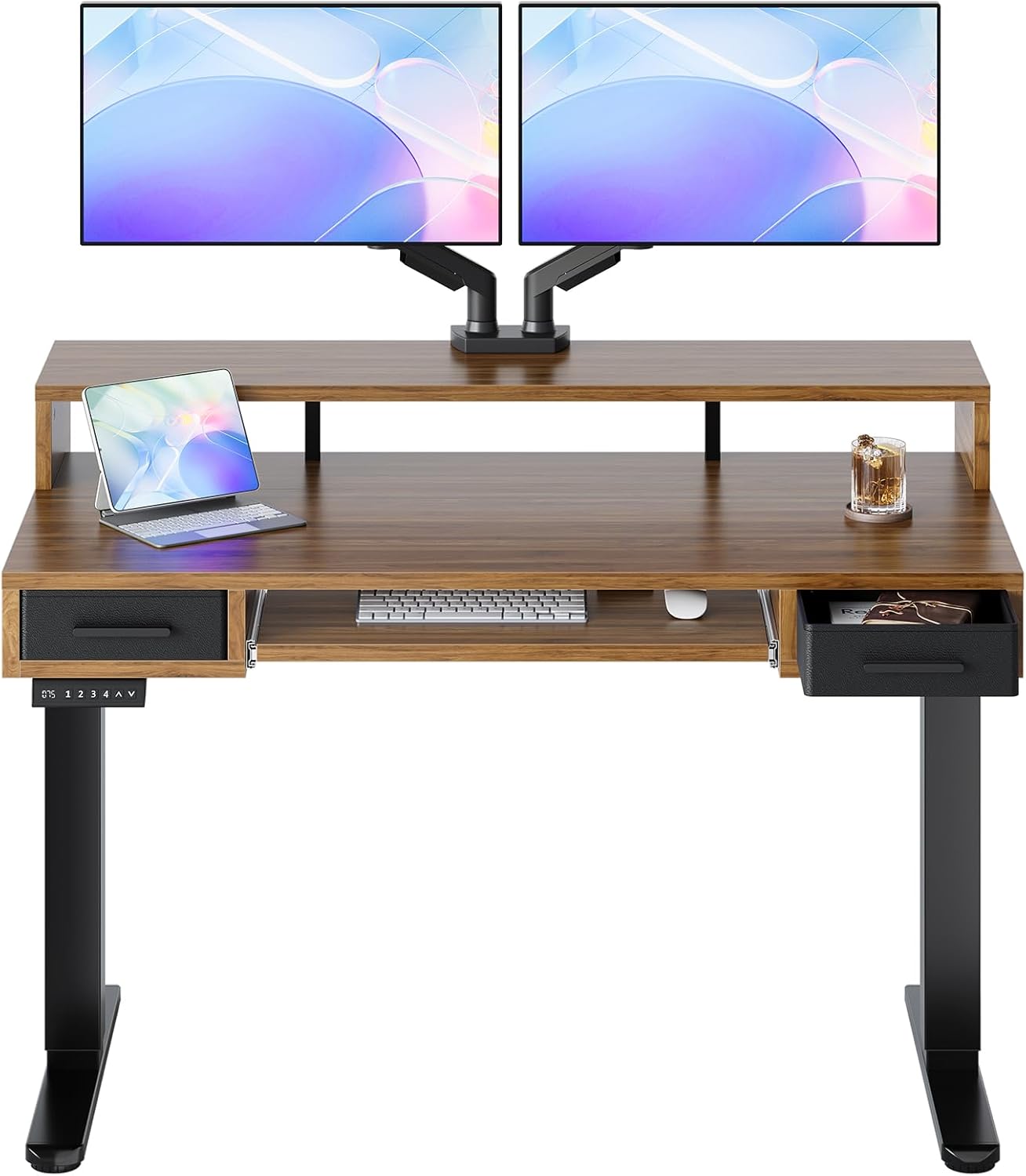 HUANUO 55″ x 26″ Electric Standing Desk with 2 Drawers &24.4″ Large Keyboard Tray, C-Clamp Mount Compatible, Adjustable Computer Desk for Office, Sit Stand Up Desk with 4 Height Presets, Light Walnut