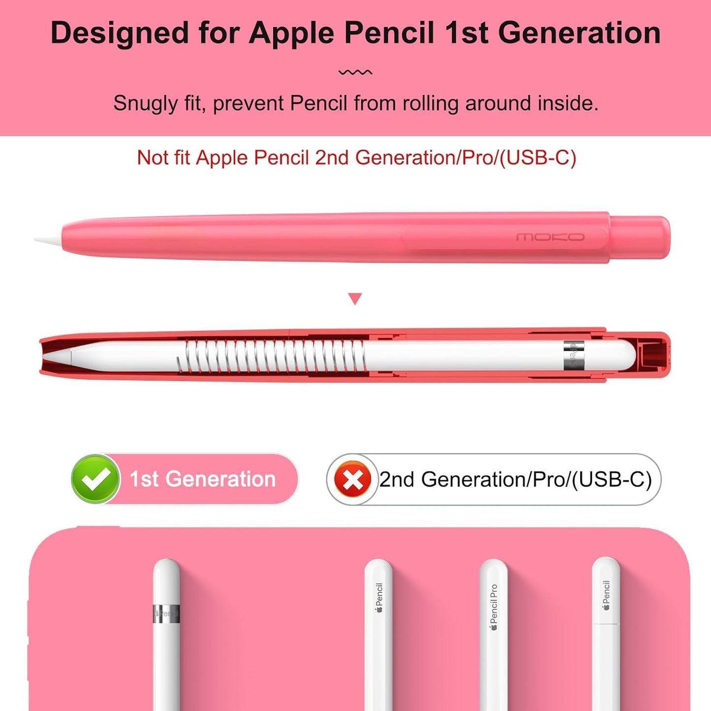 MoKo Holder Case for Apple Pencil 1st Generation, Retractable Apple Pencil 1st Case Protective iPad Pencil Sleeve Skin Cover with Sturdy Clip, Pink
