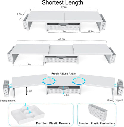 gianotter Dual Monitor Stand Riser, Desk Organizer With Drawer and 2 Pen Holders,Computer Monitor Stand, Desk Shelf for Top of Desk, Wood