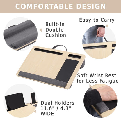 Japard Laptop Lap Desk with Mousepad, Cushion, Wide 21", Fits up to 15.6 inch, Portable Handle, Tablet Pen Phone Holder Wood Natural Home Office Gift