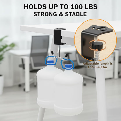 4 Pack Adjustable Under Desk Hooks (2 Black & 2 White), Universal Bag Hanger Fits Most Table Thickness, 100LB Capacity Heavy-Duty Dual Hook for Purse, Backpack, Office Home