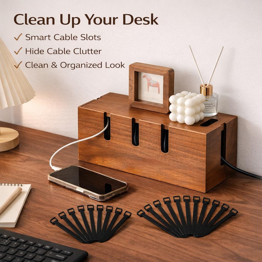 Wood Cable Management Box for Desk & TV – Cable Organizer Box to Hide Cords, Power Strips & Chargers, Decorative Cord Hider, Includes 20 Reusable Cable Ties