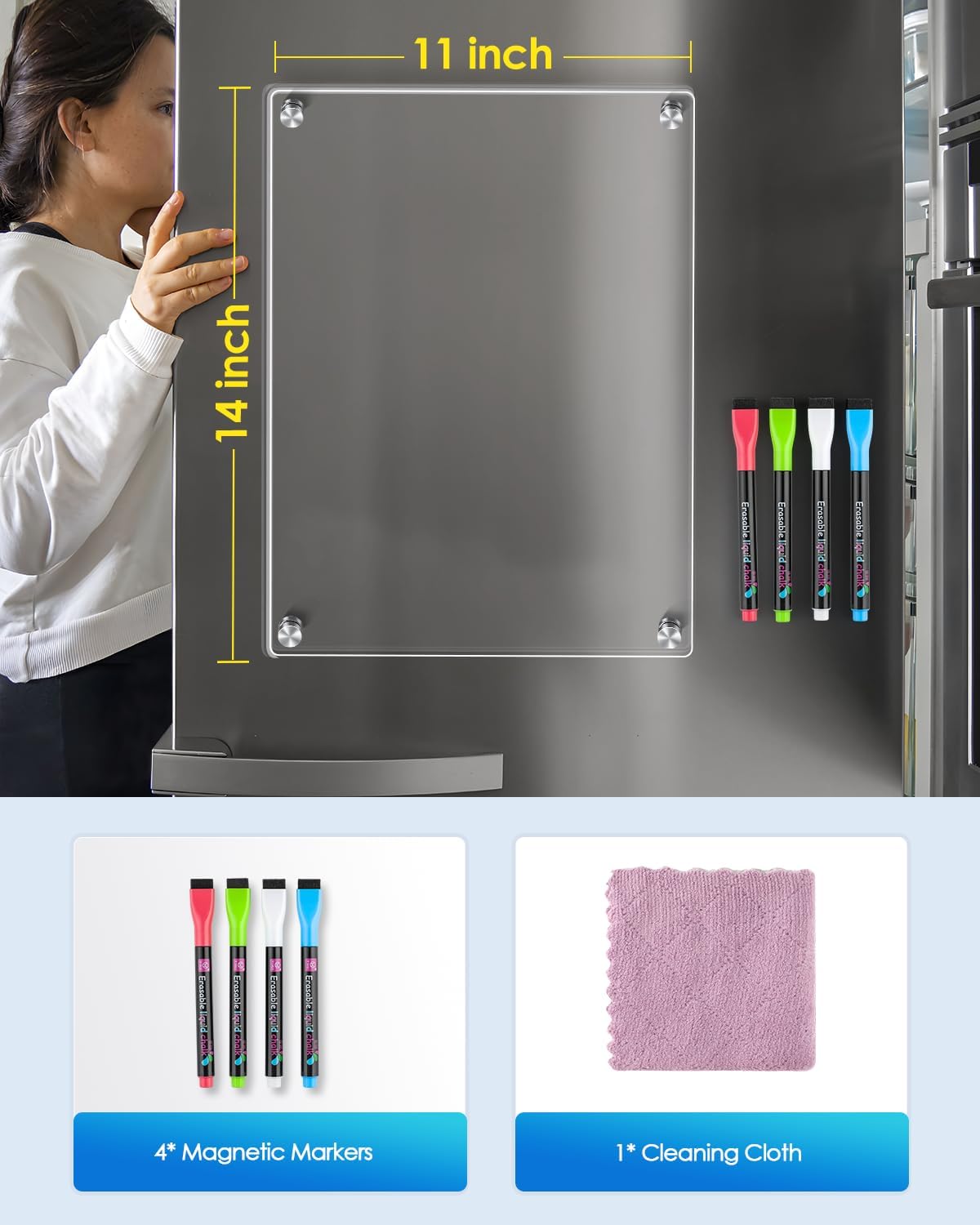 MaxGear 12"x8" Acrylic Magnetic Whiteboard for Fridge, Small Clear Refrigerator Dry Erase Board with 4 Markers and 1 Cloth, Smooth Writing and Easy Cleaning Blank Memo Grocery List for Home Planner