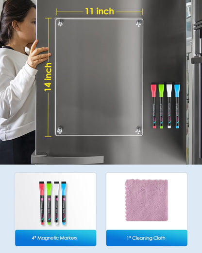 MaxGear 12"x8" Acrylic Magnetic Whiteboard for Fridge, Small Clear Refrigerator Dry Erase Board with 4 Markers and 1 Cloth, Smooth Writing and Easy Cleaning Blank Memo Grocery List for Home Planner
