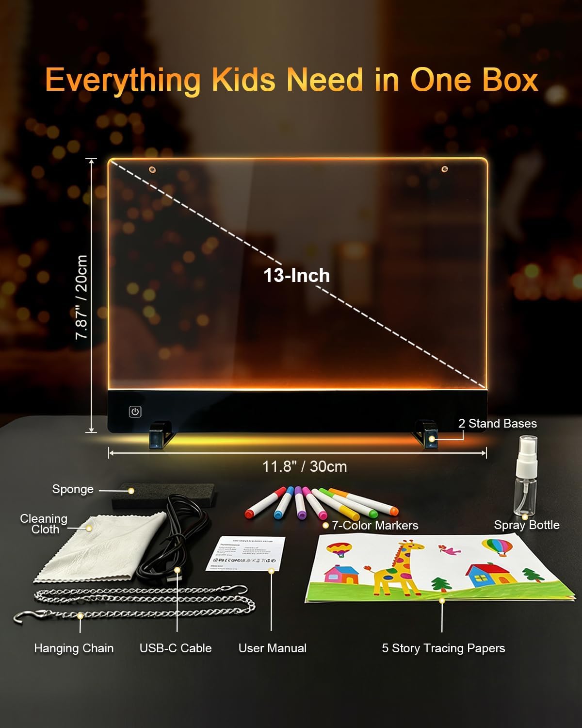 LED Drawing Board for Kids, Rechargeable Light Up Doodle Glow Pad, 72H Battery, Neon Art Dry Erase Note Board with 5 Tracing Papers & 7 Markers, Educational Toys, Birthday Gifts for Boys Girls 3-12