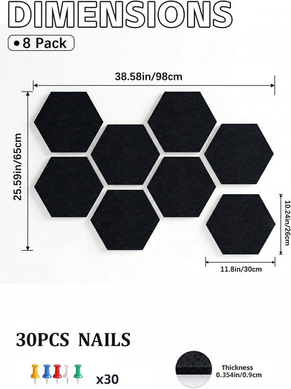 8 Pack Hexagon Felt Bulletin Board Tiles - 12" Large Thick Pin Board for Walls with 30 Push Pins, DIY Boards for Office Home School Decor, Aesthetic Hex Cork Board Alternative