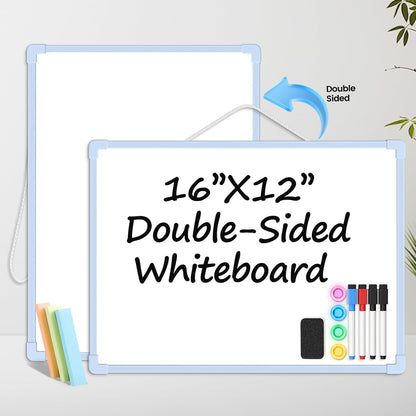 Small Dry Erase Board for Wall, 16" x 12" Double-Sided Hanging Whiteboard, Magnetic White Board with 4 Markers, 4 Magnets and 3 Mini Sticky Notes, Portable Whiteboard for Kids, School, Home, Office