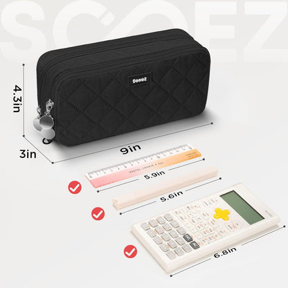 Sooez Large Pencil Case Pouch, Extra Big Pencil Bag with 8 Compartments, Pen Bag Wide Opening, Soft Quilted Pencil Pouch Organizer with Zipper, Portable Pencil Case for Teen Girls, Pink