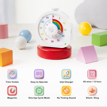 Visual Timer for Kids and Adults 60 Min/12 Hour Rechargeable Countdown Timer with Magnetic Sticker and Mute Function Kids Pomodoro Timers for Classroom Office Kitchen Silent Operation & Rainbow Disk
