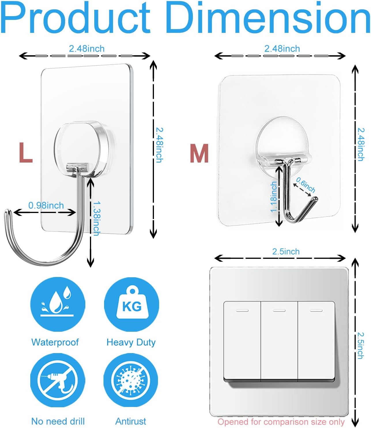 JINSHUNFA Adhesive Wall Hooks 13LB Heavy Duty No Drill Large Transparent Waterproof Hooks for Bathroom Kitchen Towel Coat 8 Pack