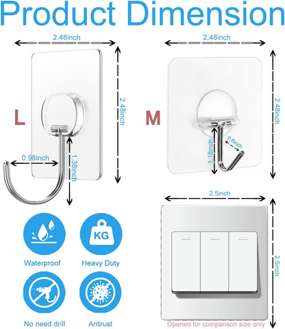 JINSHUNFA Adhesive Wall Hooks 13LB Heavy Duty No Drill Large Transparent Waterproof Hooks for Bathroom Kitchen Towel Coat 8 Pack
