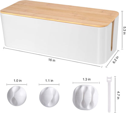 Cable Management Box - Wooden Style Large Cord Organizer Box to Hide Wires & Power Strips | Desk Computer Cable Organizer Box | Safe ABS Material |16" (L) x 6.2" (W) 5.3" (H)|for Home & Office - White