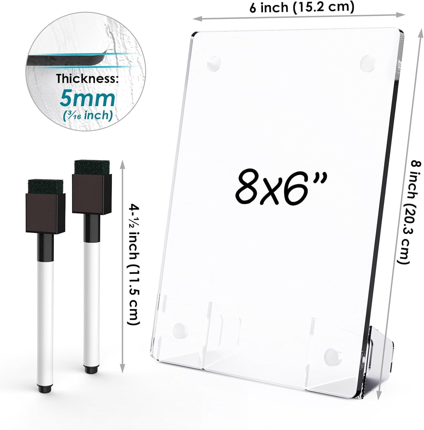 Clear Acrylic White Board 8x6 Inches, Frameless Desktop Dry Erase Board with Flexible Magnetic Stand and Markers, Mini Whiteboard Desk Accessories for Women, Home, Office, School