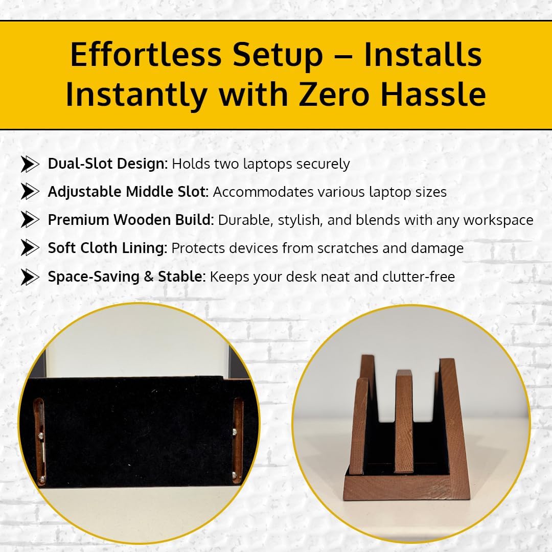Dual Laptop Holder Vertical Stand 2 Slots Wooden - Dark Brown (Walnut Color) - Vertical Holder for Desk, MacBook Pro & Air, Desktop Organizer Made of Natural Wood, Adjustable Stand for Notebooks