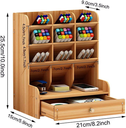 Marbrasse Wooden Desk Stationary Organizer, Multi-Functional Pen Holder, Storage Rack for School Home Office Art Supplie (B16-Cherry Color)