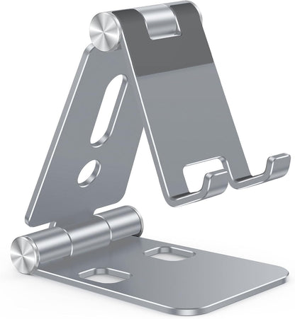 OMOTON Foldable Cell Phone Stand, C4 Portable Aluminum Phone Holder, Adjustable Phone Dock Cradle for iPhone 17/16/15 Pro Max Air, Small Tablets, Smart Phones, Women Men Gift for Fathers Day, Silver