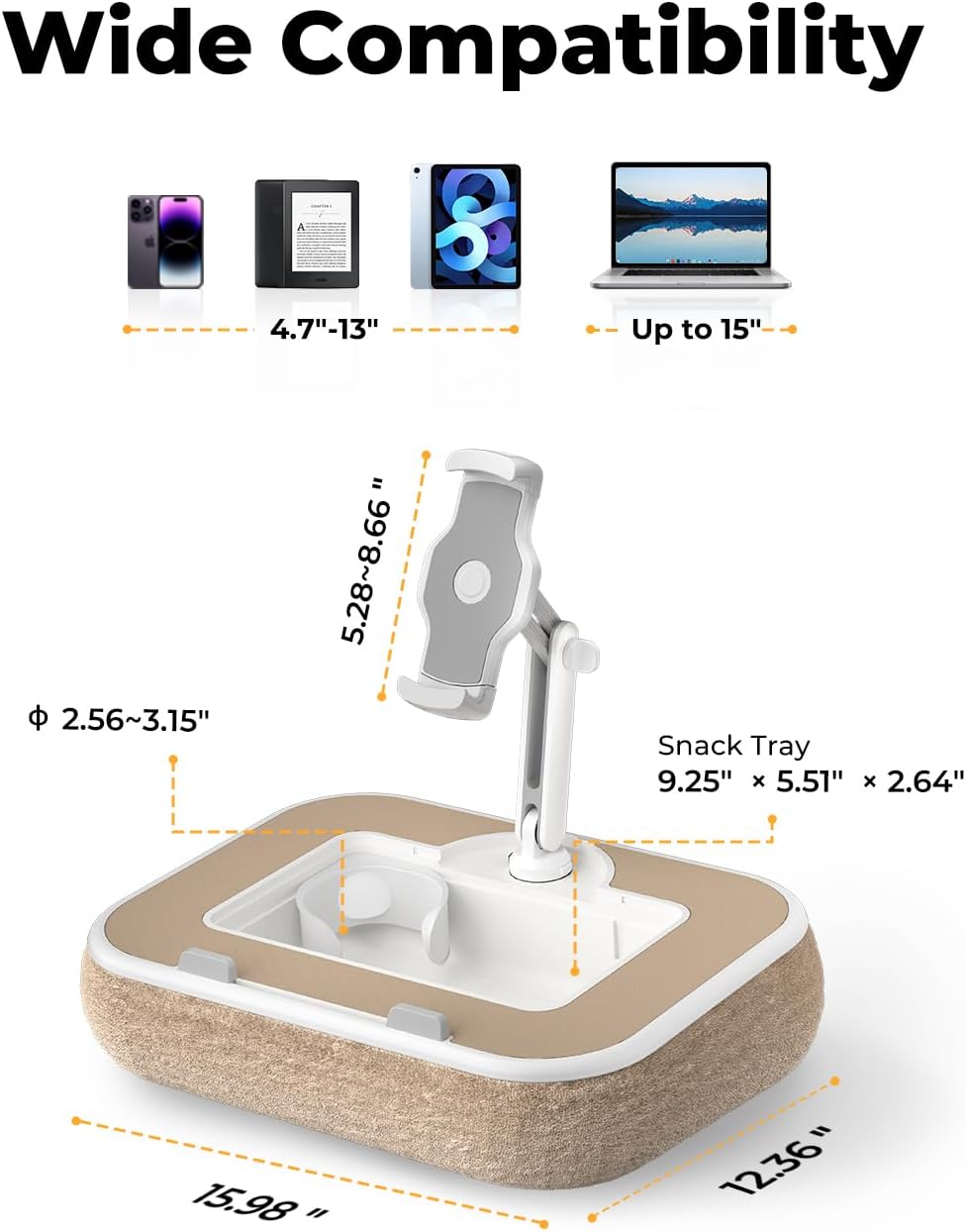 SupeDesk Laptop Lap Desk, Adjustable iPad Holder for Bed, 360° Swivel Tablet Arm, Laptop Desk with Mouse Pad, Snack Bowl & Cup Holder, Fits 4.7–13” Tablets & 15” Laptop
