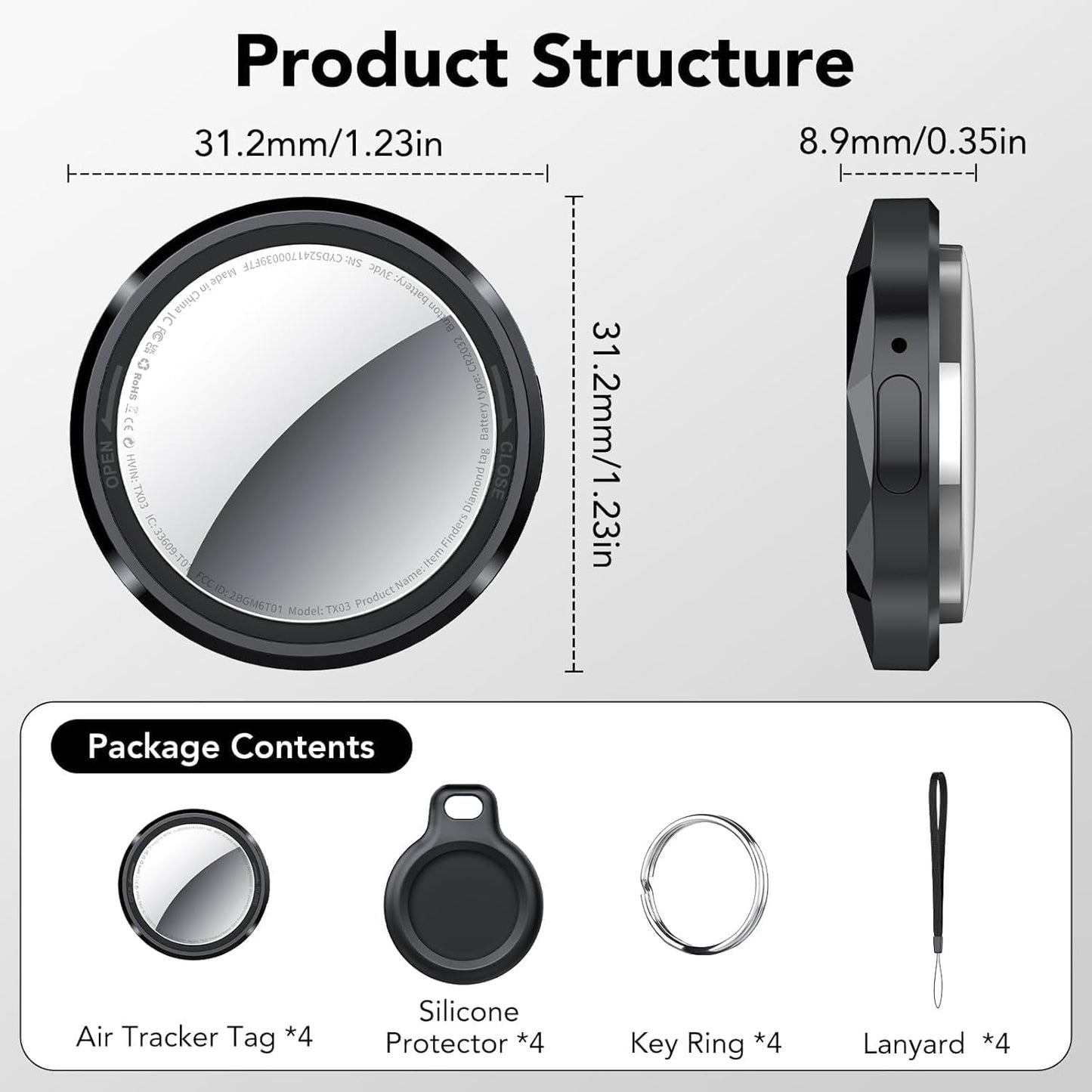 New Tracker Tag-1 Pack (Black), QCOQ Bluetooth 5.3 Tracker Tag Work with Apple Find My (iOS Only), Smart Tag with Protective Case/Keychain/Lanyard, Item Finder for Key/Wallet/Bag, Replaceable Battery