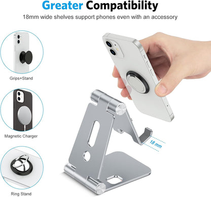 OMOTON Foldable Cell Phone Stand, C4 Portable Aluminum Phone Holder, Adjustable Phone Dock Cradle for iPhone 17/16/15 Pro Max Air, Small Tablets, Smart Phones, Women Men Gift for Fathers Day, Silver