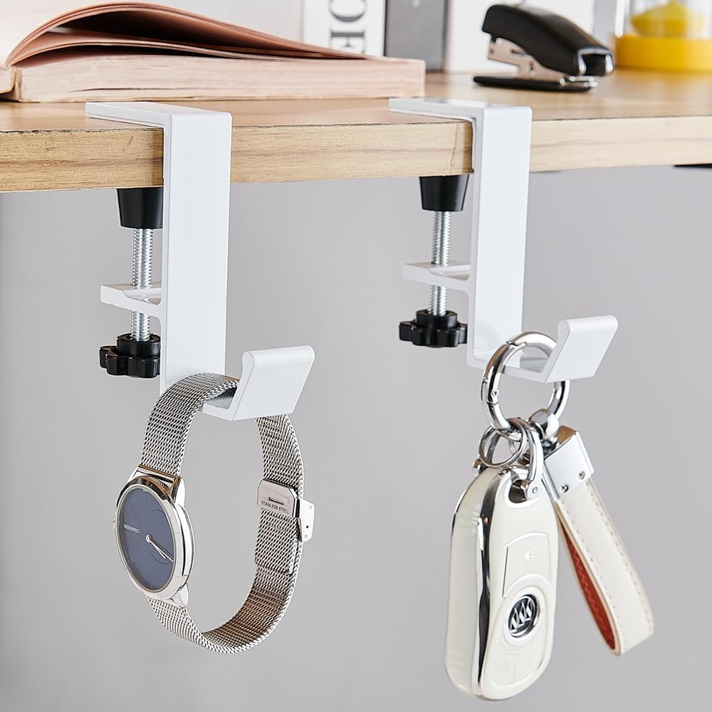 2Pcs Clamp-On Under Desk Headphone Holder Students' Desk Hook Women's Bag Hook with Adjustable Arm Clamp Backpack Handbag and Purse Holder - Suitable for Plate Between 1-5cm / 0.4-1.96” - White