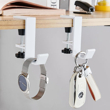 2Pcs Clamp-On Under Desk Headphone Holder Students' Desk Hook Women's Bag Hook with Adjustable Arm Clamp Backpack Handbag and Purse Holder - Suitable for Plate Between 1-5cm / 0.4-1.96” - White
