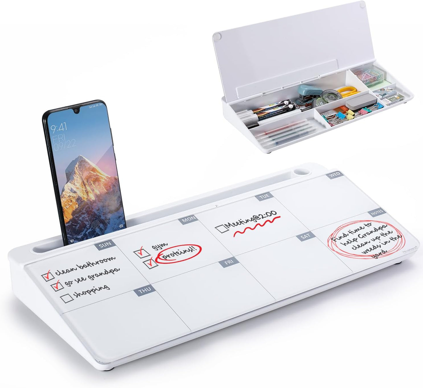 TSJ OFFICE Small Desktop Whiteboard -Glass Dry Erase Board Computer Keyboard Stand White Board Surface Pad with Drawer, Desk Organizers with Accessories for Office, Home, School Supplies - White