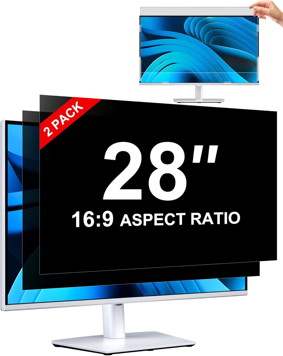 [2-Pack] Privacy Screen For Computer Monitor, 27-Inch 16:9 Aspect Ratio; Anti Spy/Bule Light/Glare And Eye Protection, 2 Install Ways Removable For Office, Airport, Cafe And Other Public Area; Diagonal 27 Inches, Width 23.53 Inches, Height 13.24 Inches