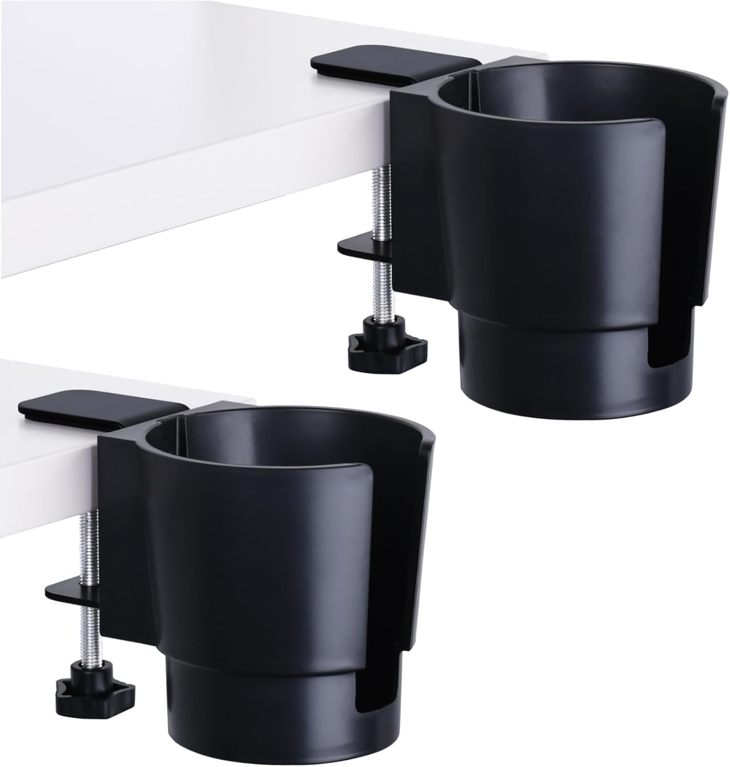Universal Large Desk Cup Holder Clamp on, Heavy Duty Plastic Drink Holder for Table, Porch Swing, Patio Chair, Clip On Anti-Spill Bottle Holder for Most Cups, Bottles, Cans, Tumbles, Black, Pack of 1