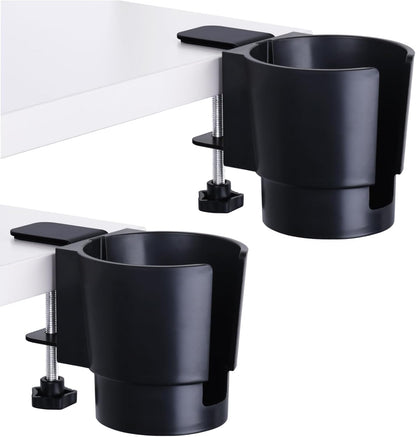 Universal Large Desk Cup Holder Clamp on, Heavy Duty Plastic Drink Holder for Table, Porch Swing, Patio Chair, Clip On Anti-Spill Bottle Holder for Most Cups, Bottles, Cans, Tumbles, Black, Pack of 1