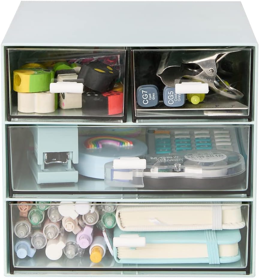 Desk Organizer with 4 Drawers, Clear Plastic Desk Storage Box, Desktop Organization for Office Supplies, Gel Pens, Pencils, Markers, Tape, Erasers, Paperclips, Chargers (White-4 Draws)