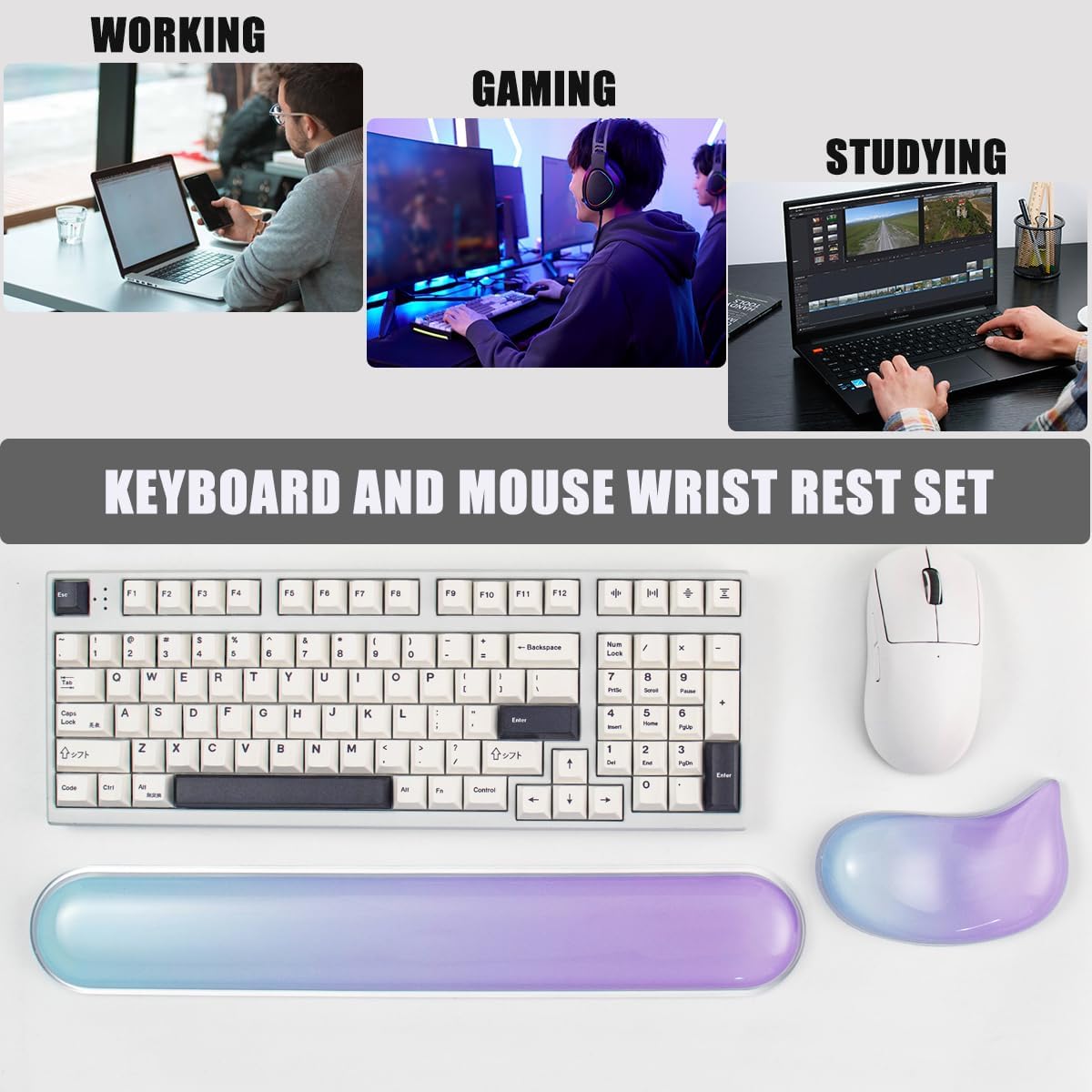 Gel Keyboard and Mouse Wrist Rest Set –White Clear Wrist Rest for Computer Keyboard 60%/68%/75%, Comfort & Support for Typing and Gaming