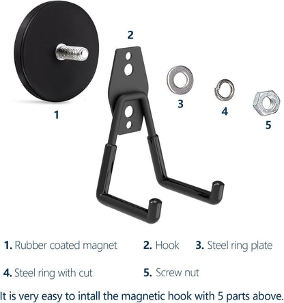 Heavy Duty Magnetic Hooks, Super Strong Garage Magnet Hooks, Magnetic Cable/Tool Holder with Anti-Slip Coating for Horse Trailer, Indoor & Outdoor Hanging Strong Black Magnetic Hook(4Pack)